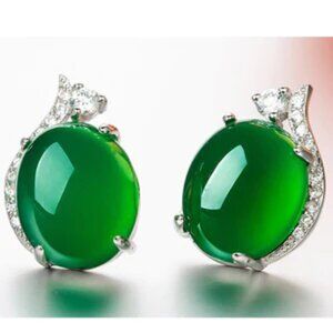 NEW Beautiful 925 Sterling Silver & Green Agate & Crystal Stud Earrings